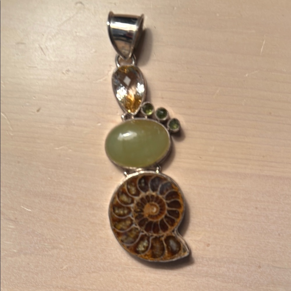 Silver and Green Gemstone pendant with Fossil Accent
